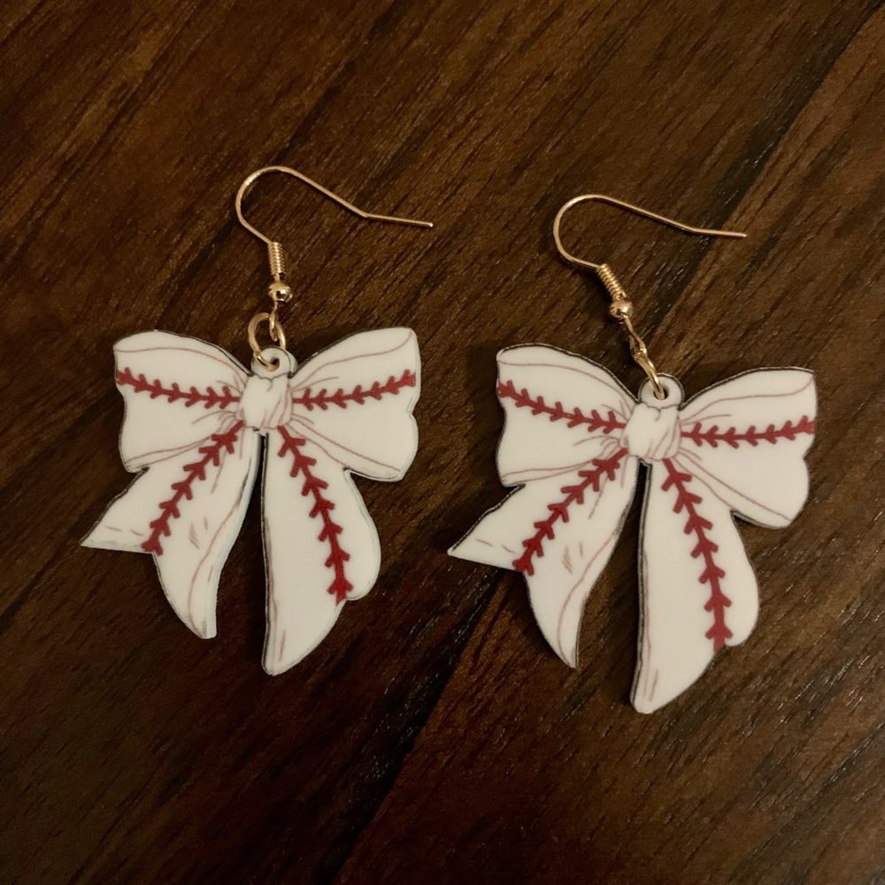 White and Red Bow Baseball Themed Earrings - Picture 4 of 4
